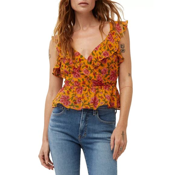 Veronica Beard Randa Blouse Orange Floral Surplice Ruffle Silk Top Size 8 NEW